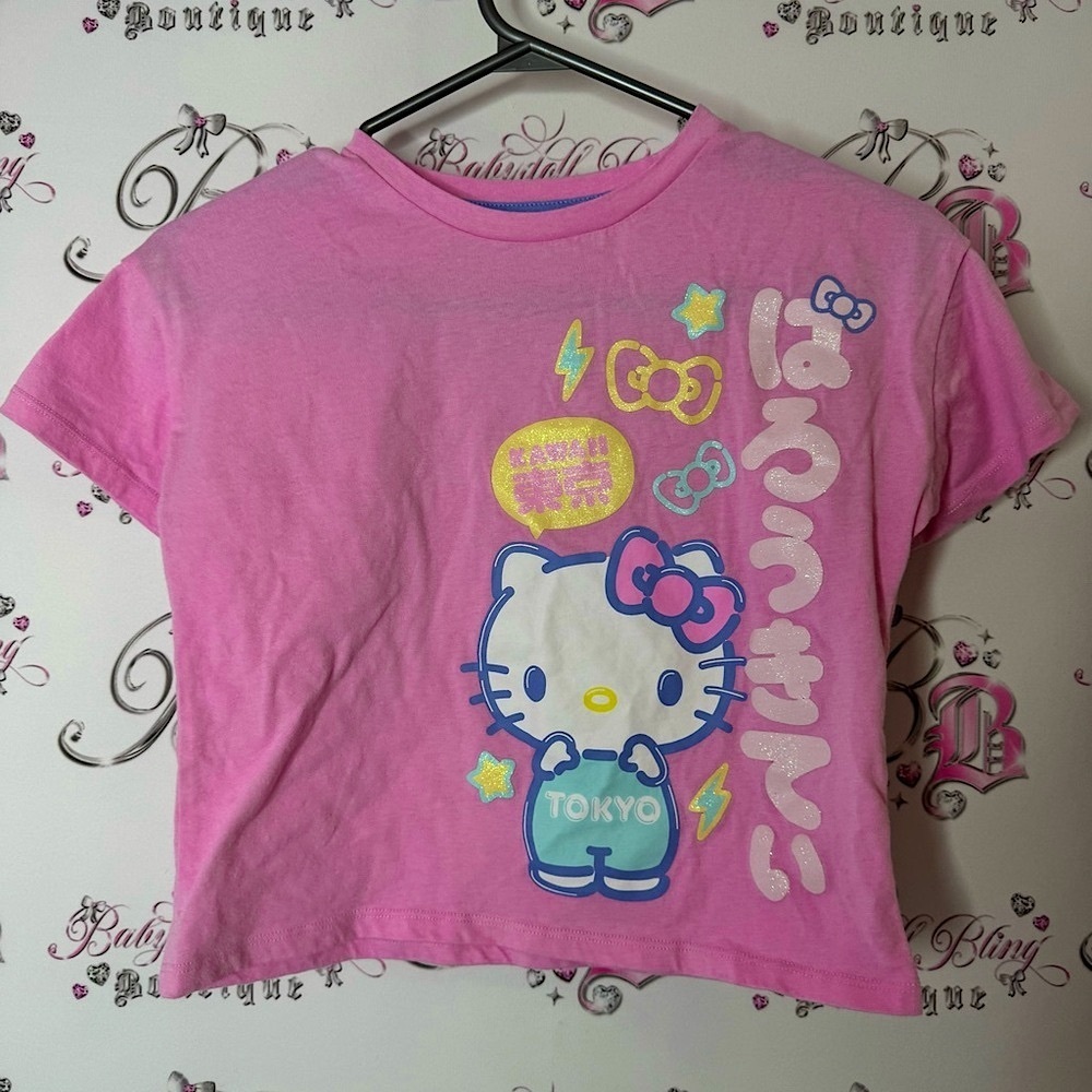 Hello Kitty Tokyo Graphic Pink Tee Sanrio sparkly kawaii yellow blue